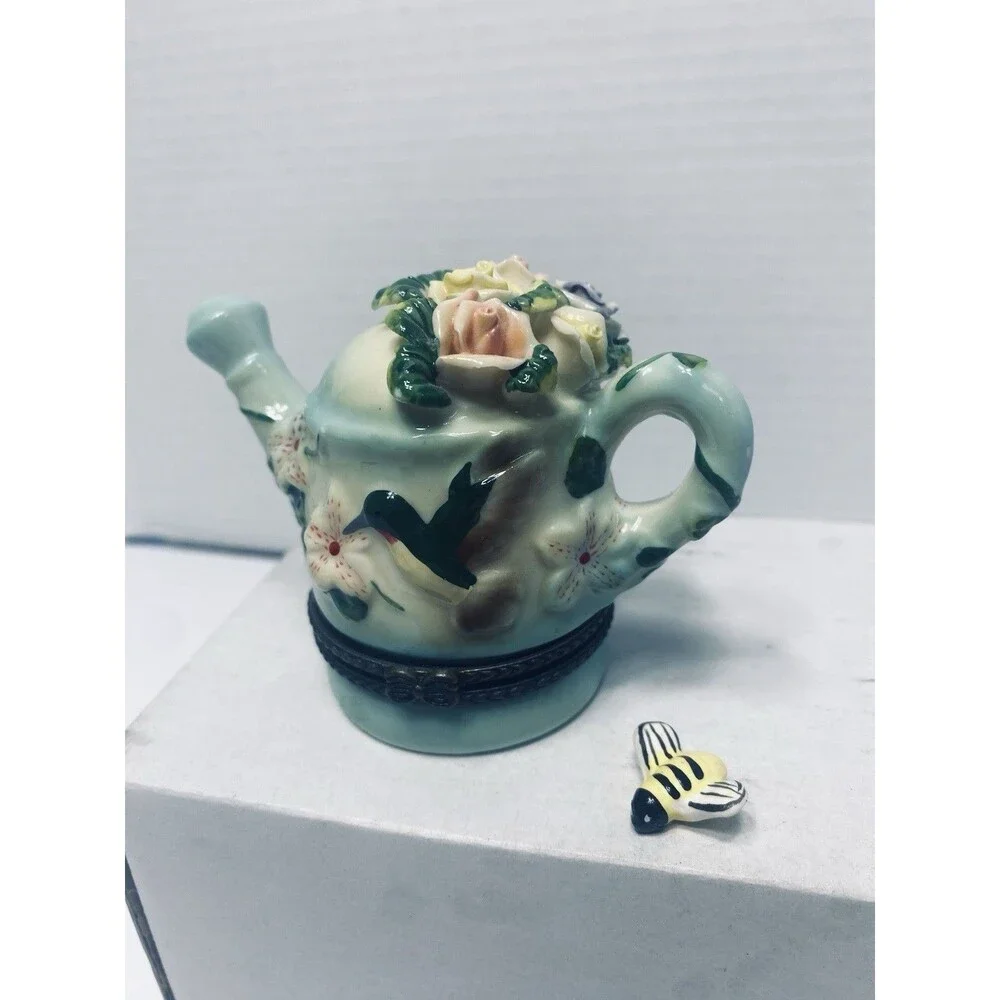 Vintage Porcelain Hinged Trinket Box Watering Can Hummingbird BumbleBee Flowers